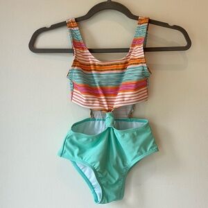 Mandarine &Co Girls One Piece Swimsuit XS/7 Colorful Stripe Top & Mint Bow Waist